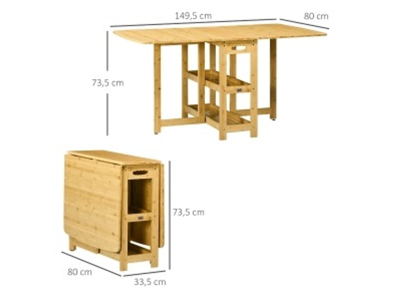  Table extensible avec plateaux rabattables et 2 étagères ouvertes, en bambou, naturel, pour cuisine et salle à manger  - Conforama D