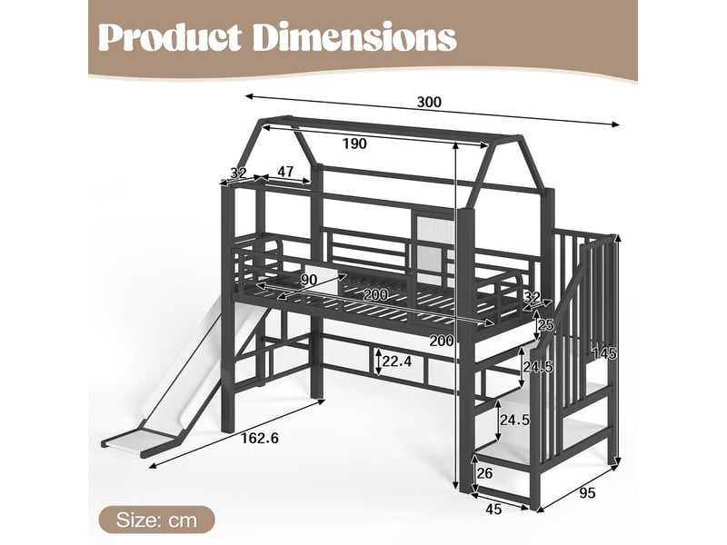  Lit mezzanine tcqpz enfant 90 x 200 cm avec toboggan, escalier rangement, led bluetooth, métal et mdf noir  - Conforama C