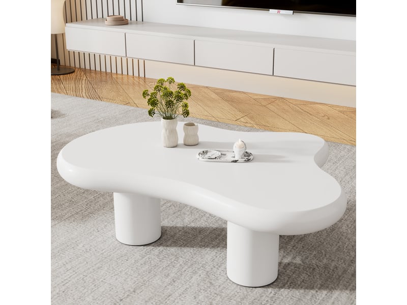  Table basse nuage blanche en mdf 97x67x32 cm, table de salon irrégulière avec patins en feutre pour salon moderne  - Conforama R
