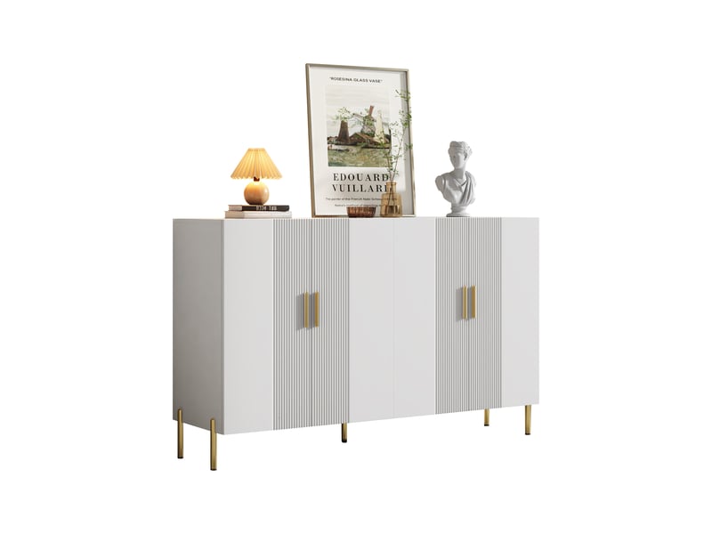  Buffet de rangement avec 4 portes, étagères ajustables et pieds dorés, poignées métal, pour salon et salle à manger, 160x35x100 cm - blanc  - Conforama A
