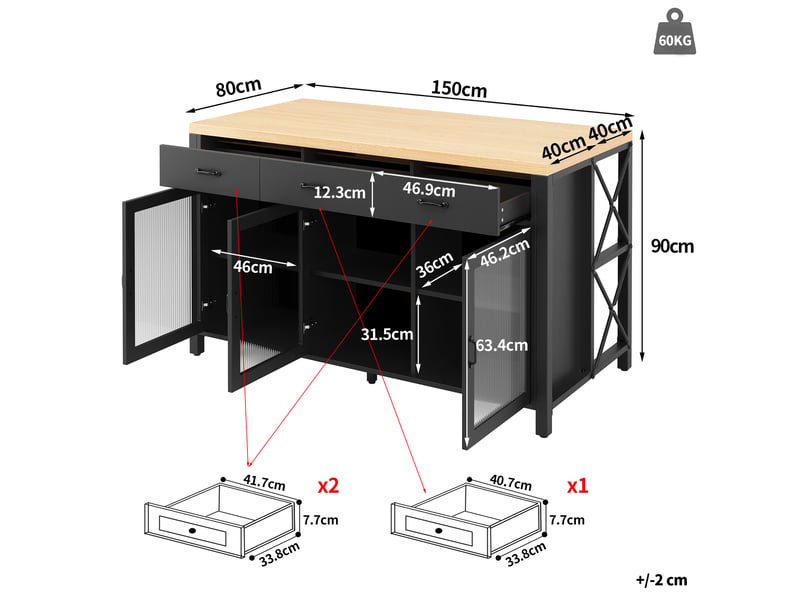  Îlot de cuisine avec 3 tiroirs et 3 portes vitrées, led, pieds réglables, noir, 150x80x90 cm  - Conforama E