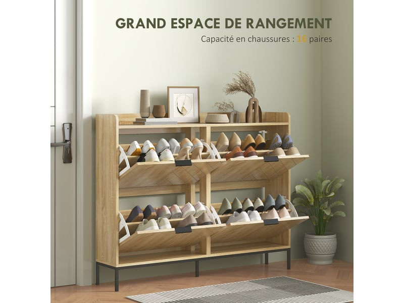  Meuble à chaussures 16 paires avec 4 tiroirs, portes rabattables, étagères réglables, 110 x 23,5 x 95,5 cm, chêne  - Conforama E