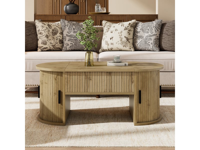 Table basse moderne à hauteur réglable, idéale pour le salon, avec étagères ouvertes et rangements dissimulés, portes coulissantes, parfaite pour les petits appartements et les bureaux à domicile. - Conforama B
