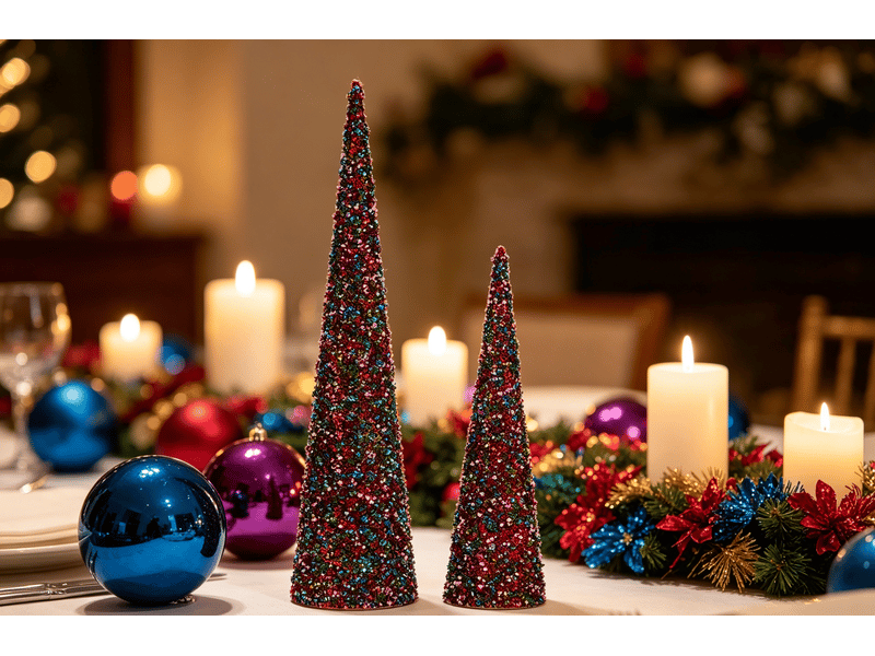  Cônes de noël krist+ bleu fuchsia pailletés lot de 2 S3612039 - Conforama C