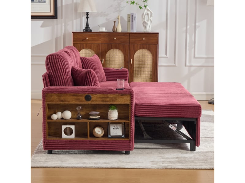Canapé droit convertible, canapé 3 places avec rangement, port usb-type-c, porte-gobelets, 1 repose-pieds, rouge - Conforama E