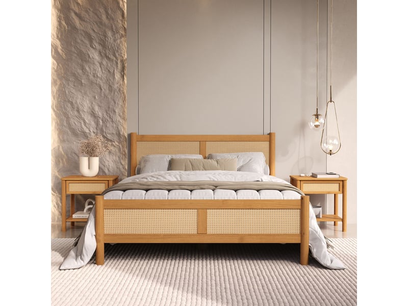 Lit double cefira 160x200 avec tête de lit en rotin - coloris chêne  - Conforama C