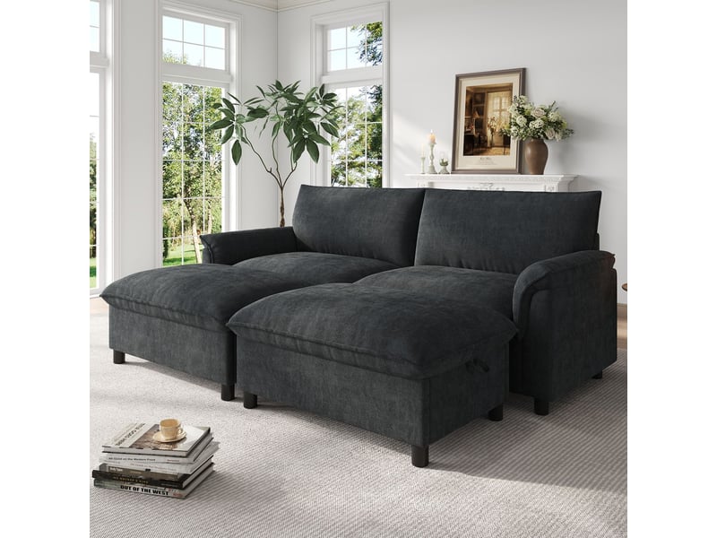 Canapé d'angle forme d'angle modulable assise profonde 2 poufs mobiles dossier haut coloris noir format surdimensionné - Conforama B