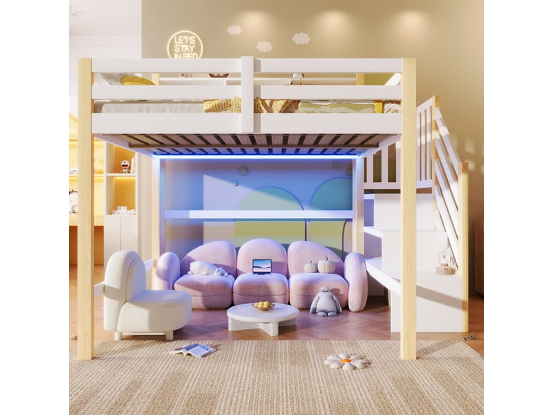  Lit superposé 140x200 cm, lit enfant, rangement, échelle sécurisée, led, bois de pin blanc et naturel  - Conforama C
