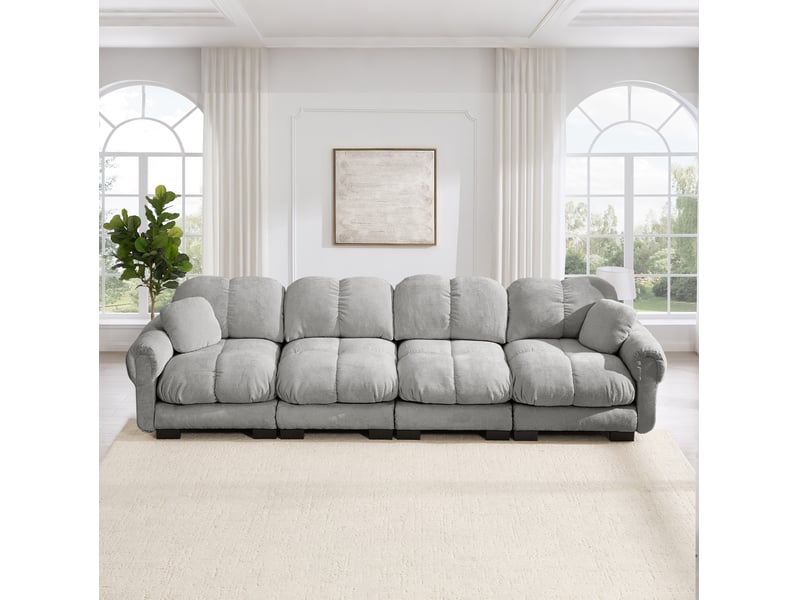  Canapé droit 4 places 330x86x90 cm, dossier ergonomique, assise épaisse, tissu en chenille, gris clair  - Conforama B