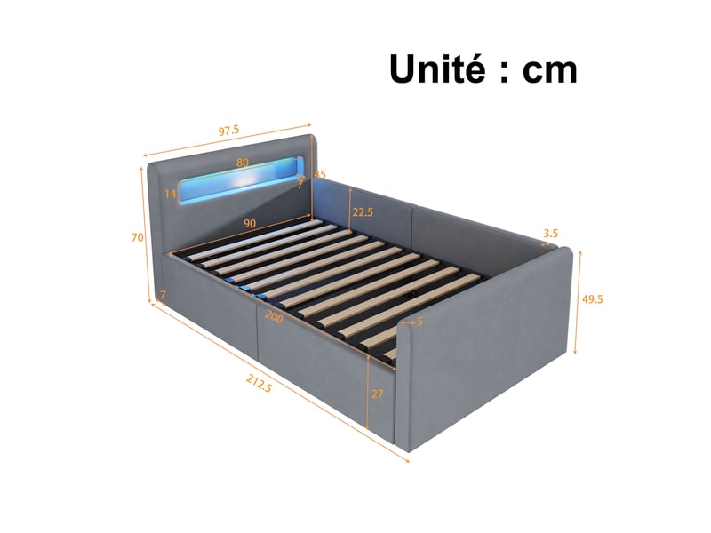  Lit coffre enfant 1 place 200x90 cm avec led, usb et dossier réversible, sans matelas, gris  - Conforama D