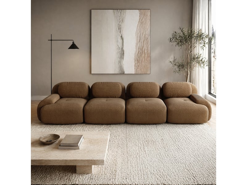  Canapé d'angle modulable 4 places sans montage avec assise 32d et dossier ergonomique, en velours côtelé marron  - Conforama C