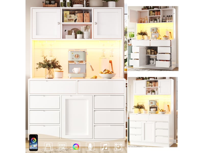 Armoire de cuisine haute blanche 120 cm, meuble de rangement avec led intelligente, 8 tiroirs, étagères réglables - Conforama C