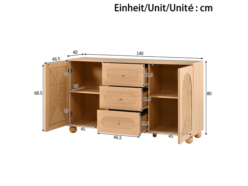  Buffet naturel 140 × 40 × 80 cm, en mdf et aggloméré, avec 2 portes et 3 tiroirs, portes tressées en corde  - Conforama B