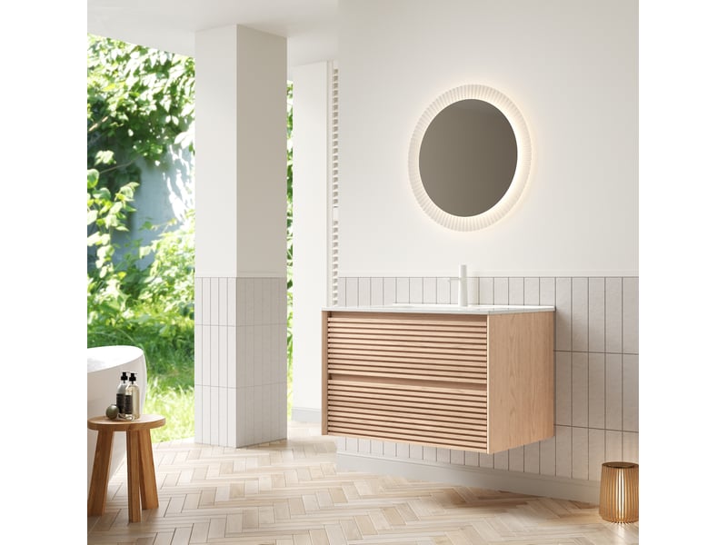  Meuble rangement salle de bain 81 cm deux tiroirs céramique blanc noyer naturel homvra  - Conforama D