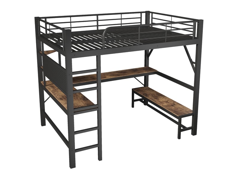  Lit mezzanine 160 x 200 cm noir en métal et mdf, bureau avec étagères, led, prises usb et type c intégrées  - Conforama A