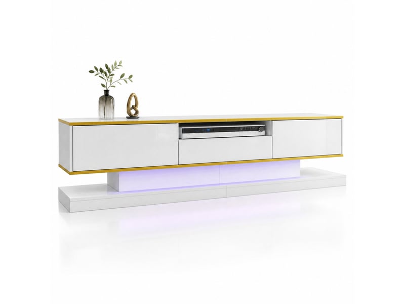  Meuble tv avec 3 tiroirs, niche ouverte et led pour salon 180×38×45 cm en panneaux de particules blanc et or  - Conforama A