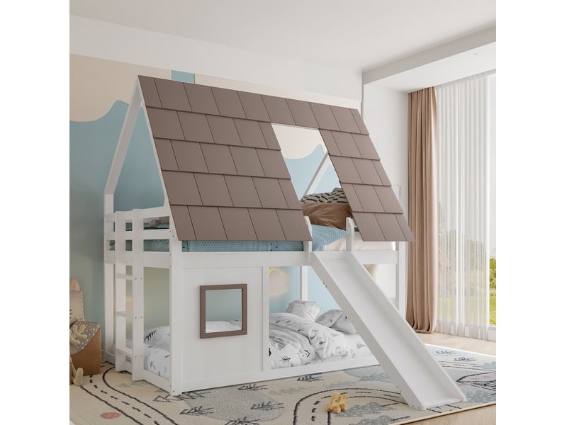 Lit superposé tcqpz maison avec toit, échelle et toboggan 140 x 200 cm bois de pin mdf blanc et marron  - Conforama D