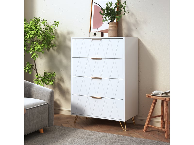  Commode 4 tiroirs style italo-scandinave - 60 x 34 x 90 cm-blanc - meuble de rangement vertical avec reliefs losanges et pieds dorés  - Conforama C