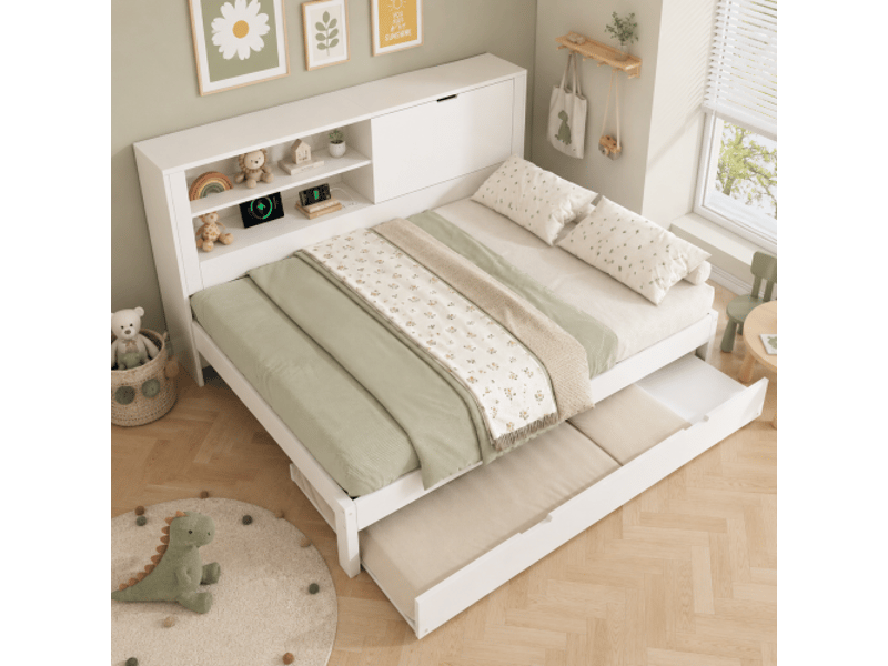  Canapé-lit 140×190 cm et lit escamotable 90×190 cm, cadre blanc avec rangements, usb‑c, lattes – sans matelas  - Conforama B