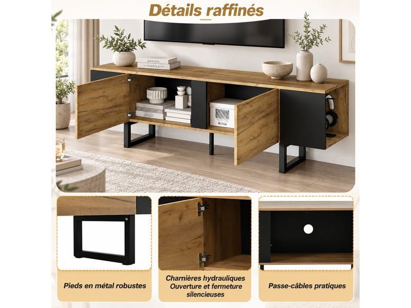  Meuble tv 180 cm décor bois et noir avec 2 portes, niches latérales et charnières soft-close, pour tv 75 pouces  - Conforama D