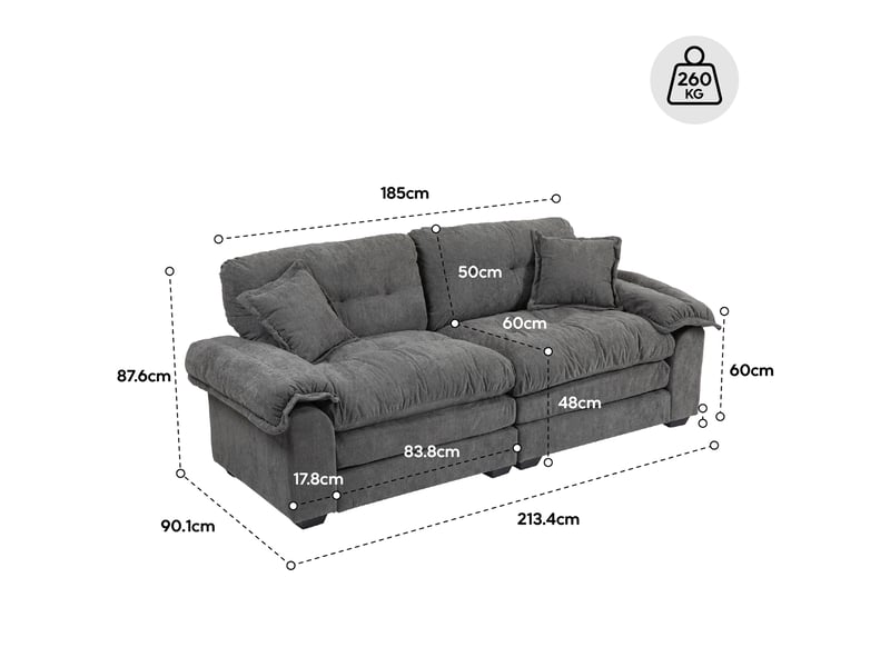 Lot de 2 canapés droits fixes 3 places en tissu noir, assises profondes et mousse à mémoire de forme  - Conforama C