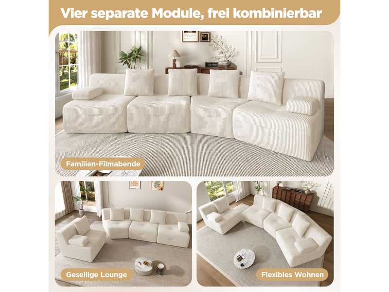  Canapé modulable 4 places 311 cm, 4 modules indépendants, tissu côtelé, sans montage, charge jusqu'à 400 kg,beige  - Conforama E