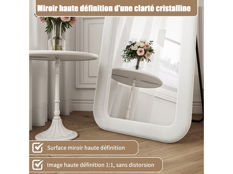  Miroir plein pied arche 160x50 cm, cadre rembourré en flanelle blanche, miroir au sol décoratif pour chambre et dressing  - Conforama W