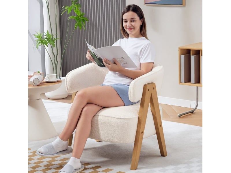  Fauteuil d’appoint moderne en tissu bouclette blanc avec pieds en bois  - Conforama D