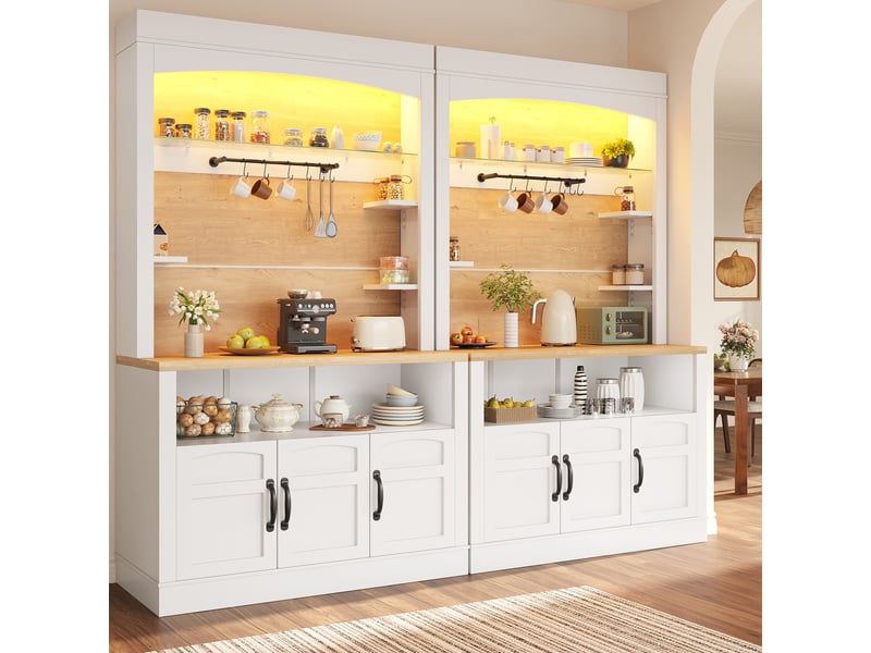  Lot de 2 buffets hauts de cuisine 203 x 40 x 174 cm blanc, led rgb par application, 2 plans de travail, 12 crochets et 6 tablettes pour cuisine  - Conforama B