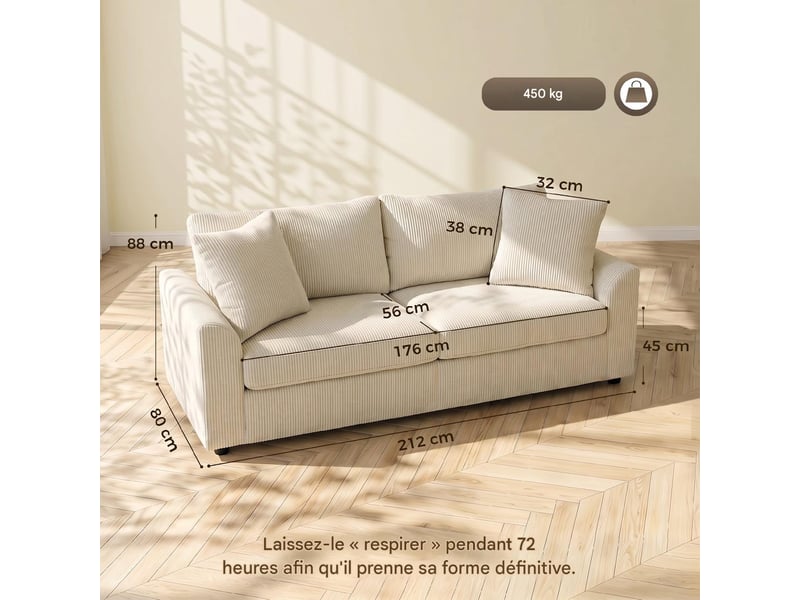  Canapé 3 places en velours côtelé blanc crème 212 x 80 x 88 cm  - Conforama C