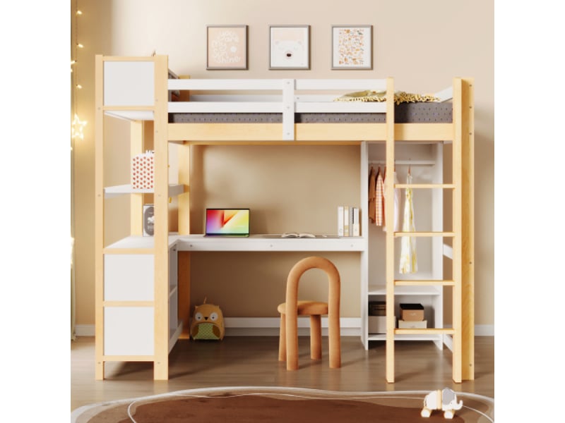  Lit mezzanine adulte 2 places 140x200 cm | étagères, bureau, garde-robe, couleur naturel, sans matelas  - Conforama B