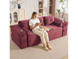Canapé revêtement en cord mousse haute densité et noyau ressorts forme stable et assise confortable poches de rangement porte-gobelet coussin mémoire et 2 coussins décoratifs livré sous vide et montage rapide