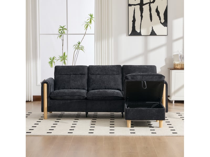 Canapé d'angle 3 places en tissu noir, méridienne réversible et pouf de rangement, esprit scandinave - Conforama E