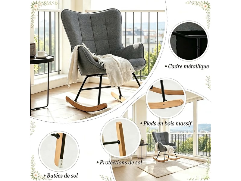  Fauteuil à bascule en velours gris foncé avec dossier haut, fauteuil relax ergonomique avec pieds en bois massif, 67.5x65x95 cm  - Conforama C