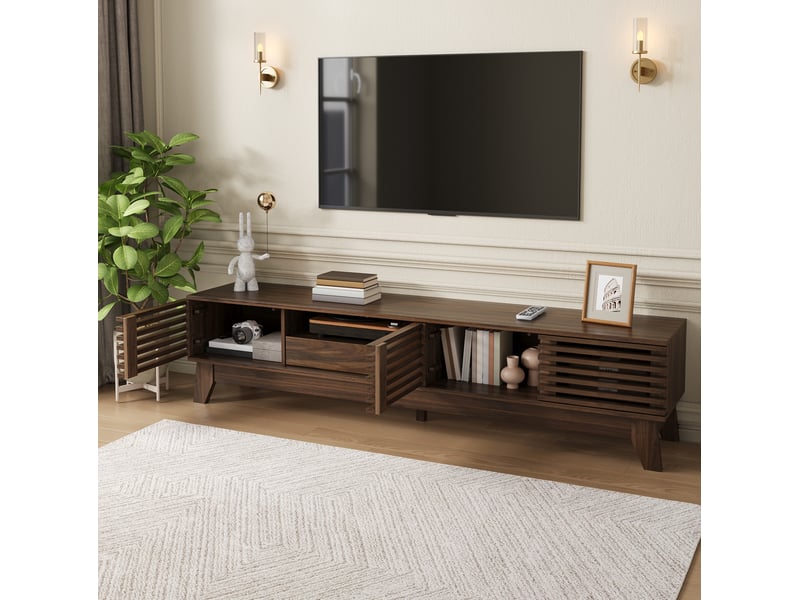  Meuble tv bas en mdf noyer avec 3 portes, 1 tiroir, niches ouvertes et façades rainurées  - Conforama B