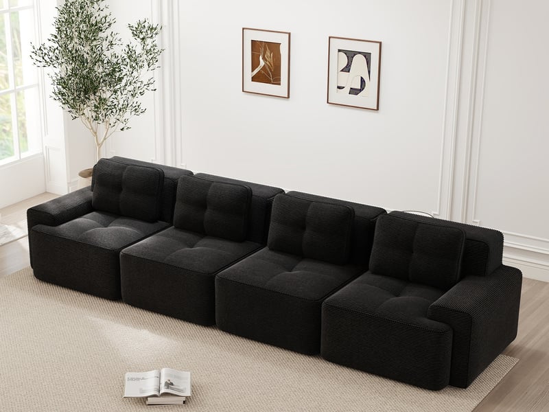  Canapé droit modulable 4 places, sans structure, assise profonde, sans montage, 382x104x69cm, noir, velours côtelé  - Conforama B