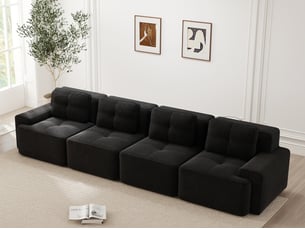 Canapé droit modulable 4 places, sans structure, assise profonde, sans montage, 382x104x69cm, noir, velours côtelé