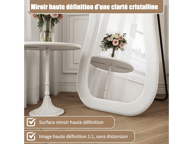  Miroir plein pied 160x50 cm forme ondulée, cadre rembourré en flanelle blanche, miroir au sol décoratif pour chambre et salon  - Conforama D