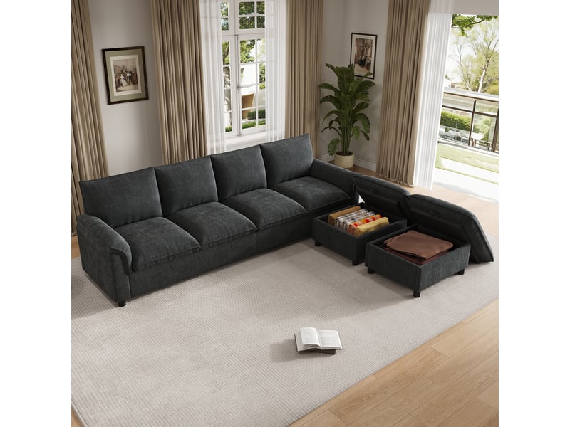  Canapé d'angle modulable en u noir en chenille, canapé 4 places avec 2 poufs de rangement, assise profonde pour salon, 264x142x84cm  - Conforama E
