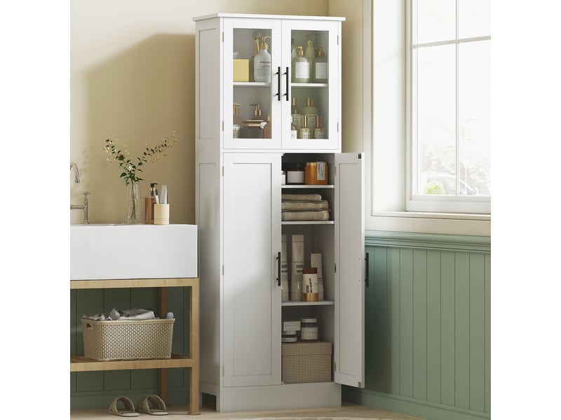  Meuble de salle de bain haut 6 niveaux, blanc, meuble de rangement avec 4 portes dont 2 vitrées et étagères réglables  - Conforama A