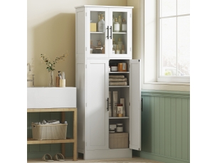 Meuble de salle de bain haut 6 niveaux, blanc, meuble de rangement avec 4 portes dont 2 vitrées et étagères réglables