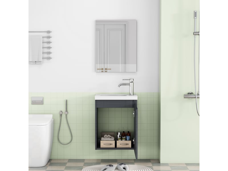  Meuble vasque suspendu 40 cm avec miroir, vasque céramique, gris brillant, gain de place  - Conforama B