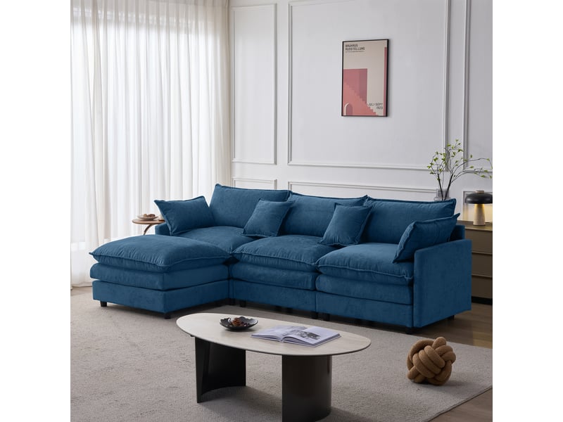  Canapé d'angle modulaire 3 places avec méridienne 267x154 cm chenille douce et pouf mobile  - Conforama C