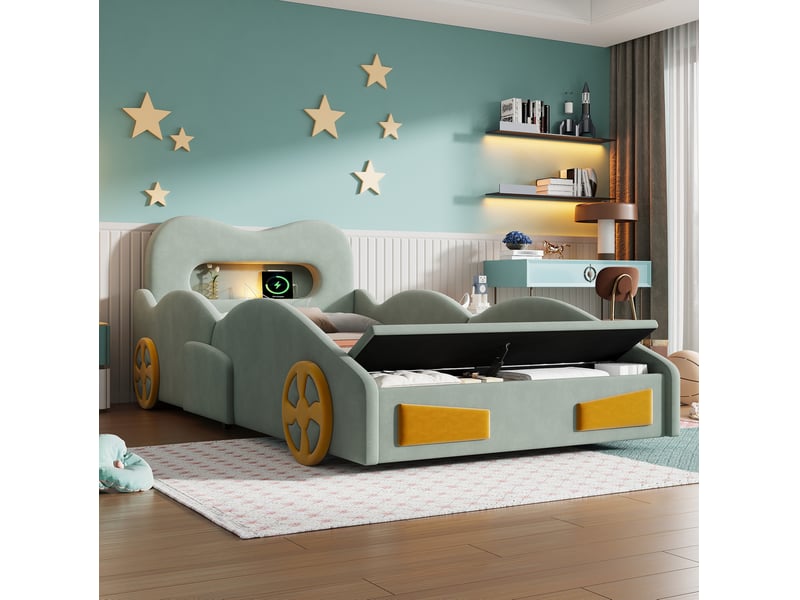  Lit enfant 90x200 cm avec éclairage et rangement, coloris vert  - Conforama B