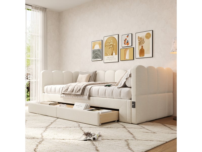  Lit rembourré 90x200 cm, lit de jour avec 2 tiroirs de rangement, canapé-lit extensible à 180 cm, lin beige, avec prise usb  - Conforama A