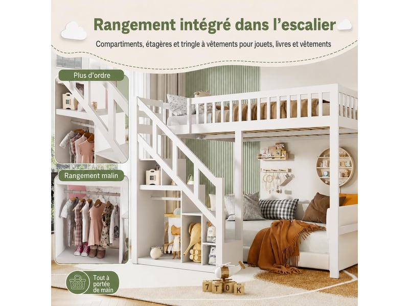  Lit mezzanine 140x200 cm, lit superposé enfant avec escaliers de rangement et barrière de sécurité, sommier à lattes  - Conforama D