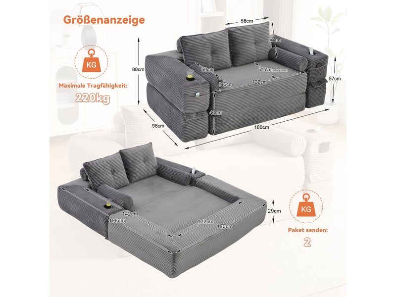  Canapé droit convertible 2 places en velours côtelé gris foncé, poches et porte-gobelet, confort durable  - Conforama C