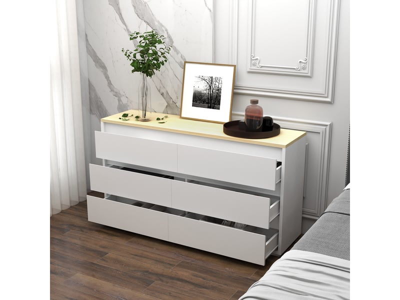  Commode à 6 tiroirs en panneaux de particules blancs pour chambre, bureau et salon, 140 x 37 x 75 cm  - Conforama D
