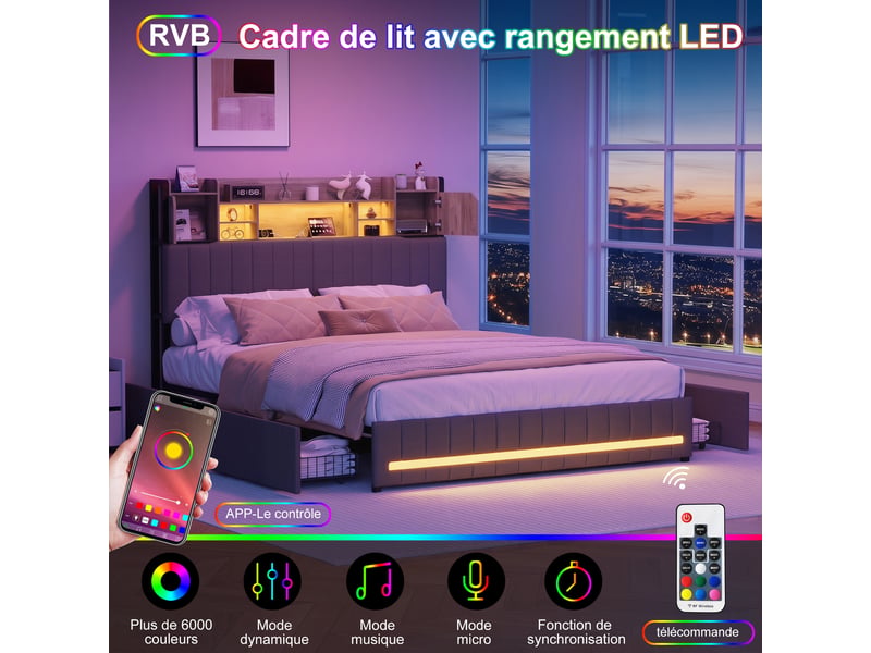  160 x 200 cm lit coffre rembourré avec tête de lit intégrant des rangements et 4 tiroirs ; cadre de lit deux places moderne gris foncé avec bande led et ports usb (matelas non inclus) 240727HGY0302#ADHWsCXSefFRHF - Conforama C