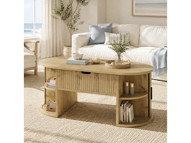 Table basse relevable avec 2 portes coulissantes et étagères pour salon 100×50×40,5 cm en mdf chêne - Conforama B